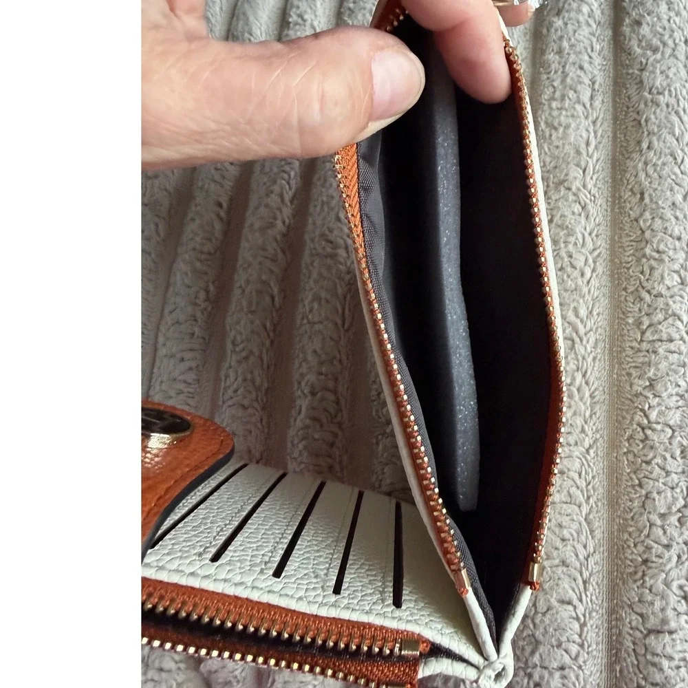 Bostanten Slim Bifold Wallet Cream Cognac Pebbled‎ Vegan Leather Zip Card Case